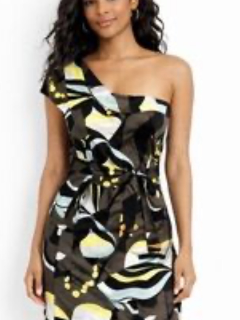 French Connection One-Shoulder Abstract Black, Yellow & White Dress